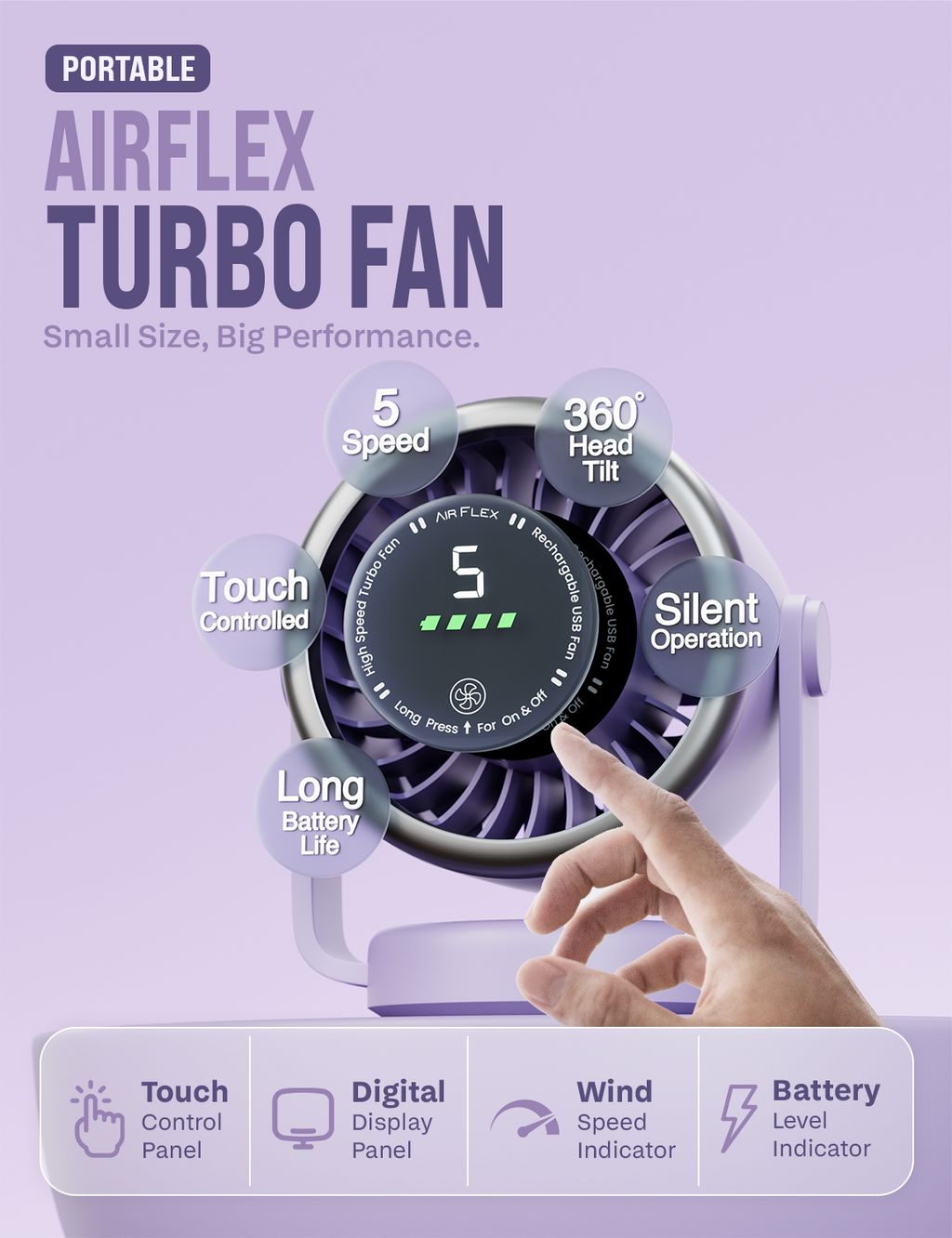 Knight AirFlex Mini Desk Fan, USB Rechargeable 3600mAh Battery - Use up to 10-Hours, Turbo Speed, Led Display, 5 Wind Speed Setting, Adjustable Angle, Portable Fan for Indoor&Outdoor (Violet Whisper)