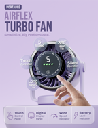 Knight AirFlex Mini Desk Fan, USB Rechargeable 3600mAh Battery - Use up to 10-Hours, Turbo Speed, Led Display, 5 Wind Speed Setting, Adjustable Angle, Portable Fan for Indoor&Outdoor (Violet Whisper)