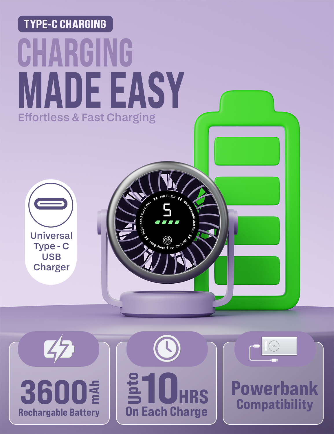 Knight AirFlex Mini Desk Fan, USB Rechargeable 3600mAh Battery - Use up to 10-Hours, Turbo Speed, Led Display, 5 Wind Speed Setting, Adjustable Angle, Portable Fan for Indoor&Outdoor (Violet Whisper)