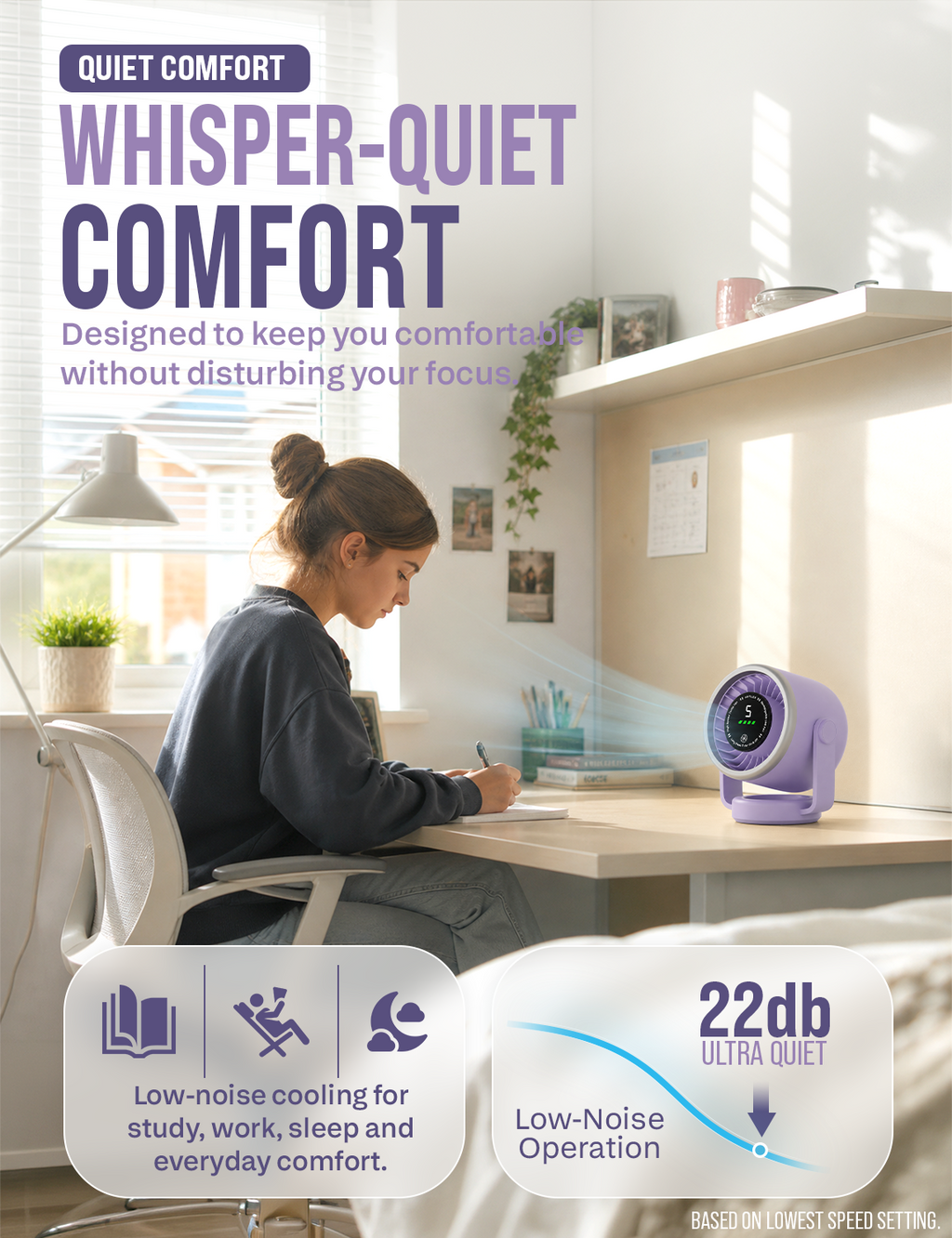 Knight AirFlex Mini Desk Fan, USB Rechargeable 3600mAh Battery - Use up to 10-Hours, Turbo Speed, Led Display, 5 Wind Speed Setting, Adjustable Angle, Portable Fan for Indoor&Outdoor (Violet Whisper)