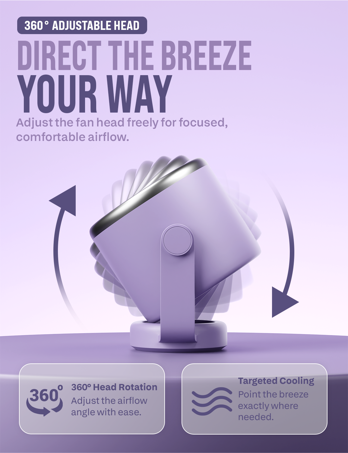 Knight AirFlex Mini Desk Fan, USB Rechargeable 3600mAh Battery - Use up to 10-Hours, Turbo Speed, Led Display, 5 Wind Speed Setting, Adjustable Angle, Portable Fan for Indoor&Outdoor (Violet Whisper)