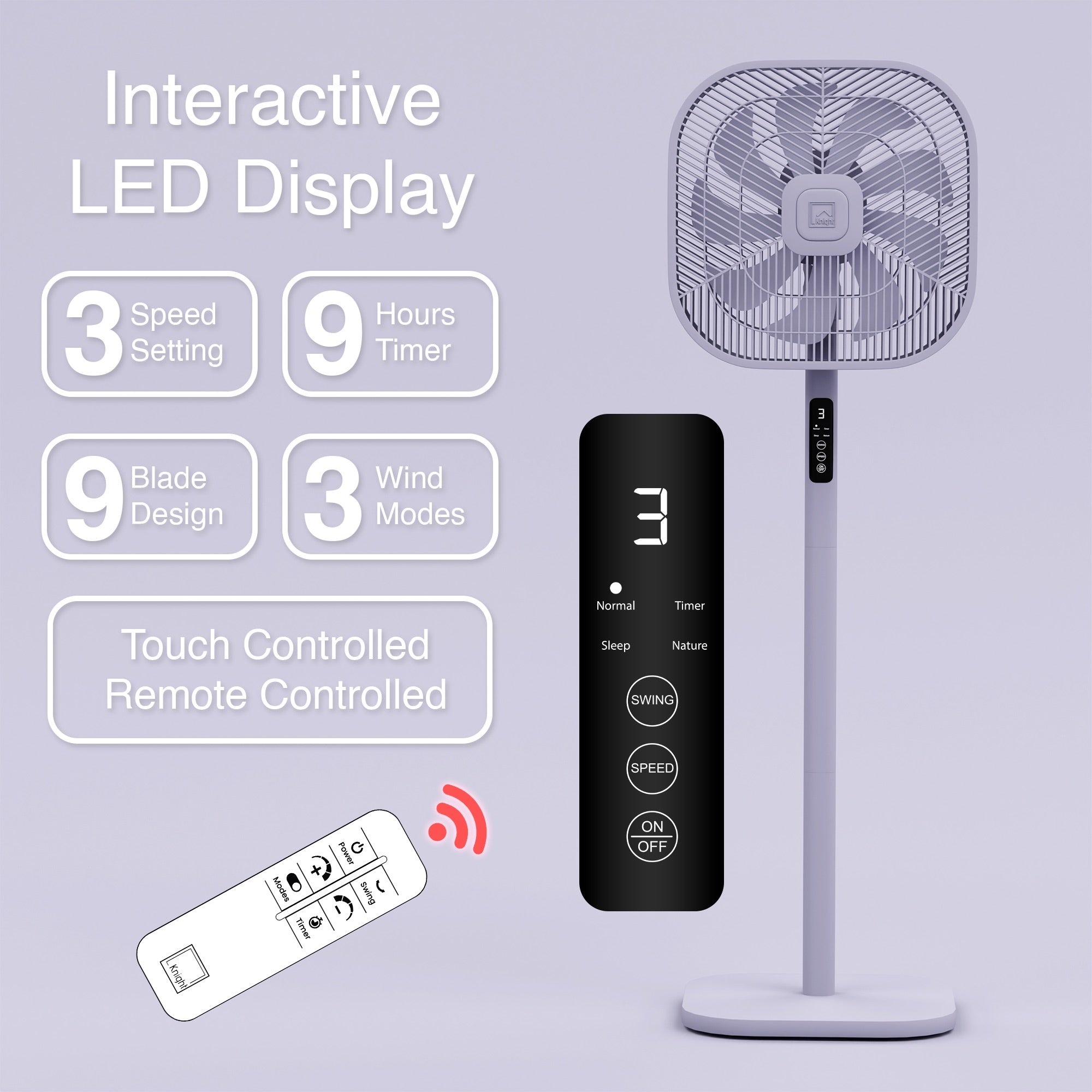 Knight 2in1 16" Square Stand Fan &amp; Desk Fan with Remote Control, Timer &amp; 3 speed Setting | 9 Blades Turbo Wind | Square Base | Oscillation | Easy Assemble - No Tools | Purple