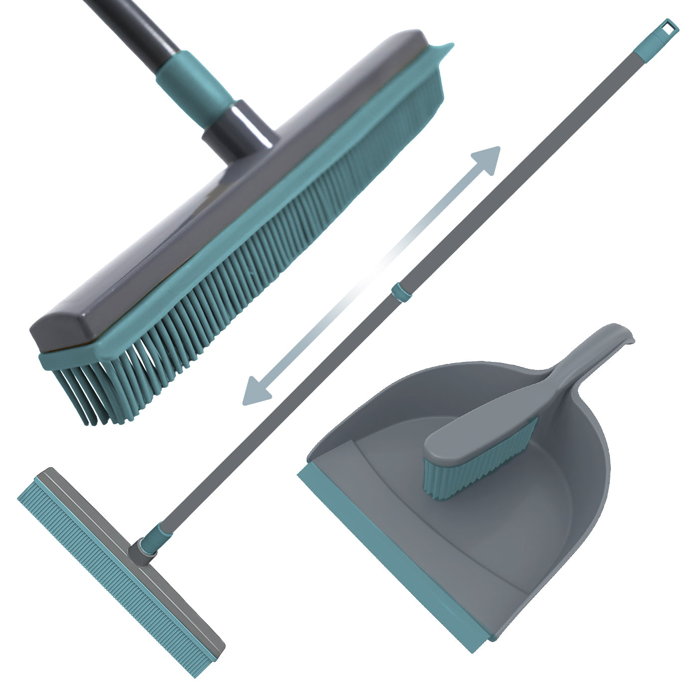 923928-KNIGHT Rubber Broom & Dustpan Rubber Brush Set - Grey/Teal