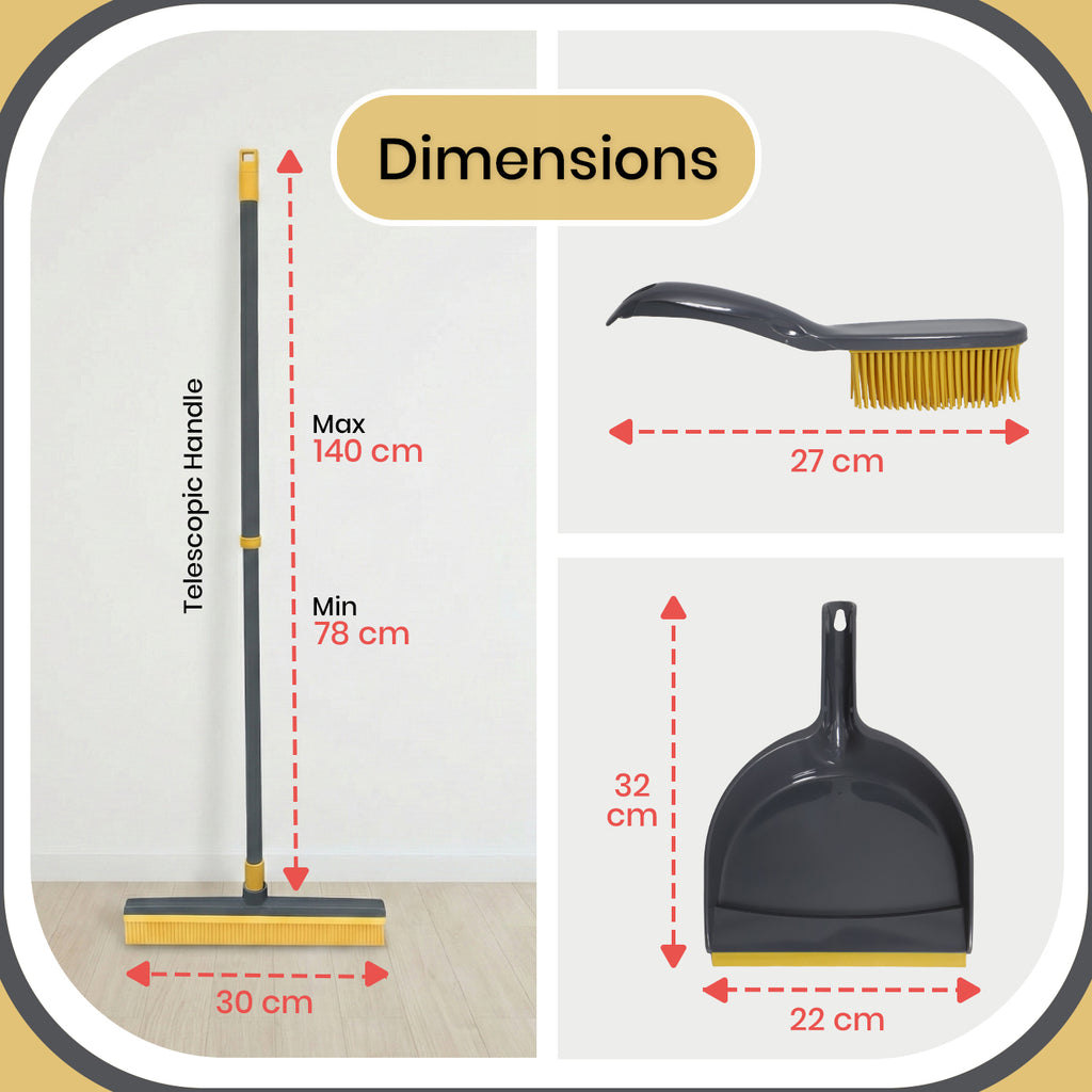 Rubber Broom & Dustpan Set – Heavy‑Duty Rubber Bristle Brush | Grey & Yellow |KNIGHT