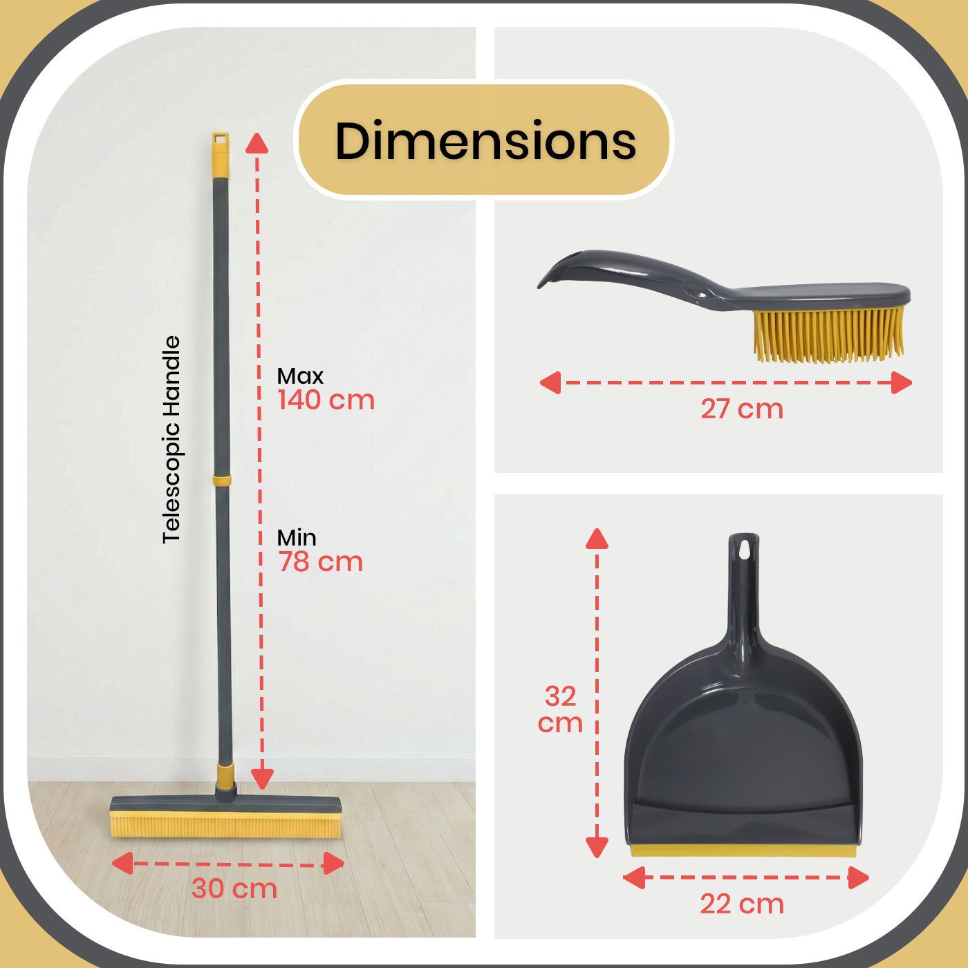 Rubber Broom & Dustpan Set – Heavy‑Duty Rubber Bristle Brush | Grey & Yellow |KNIGHT