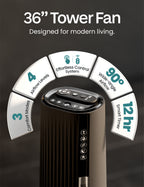 Knight AirFlex 36” Tower Fan with Remote Control Modern Slim Design Standing Fan 4 Wind Speed 12-Hour Timer Touch Control with LED Display 90º Oscillation High Power Floor Fan for Home&Office - Black