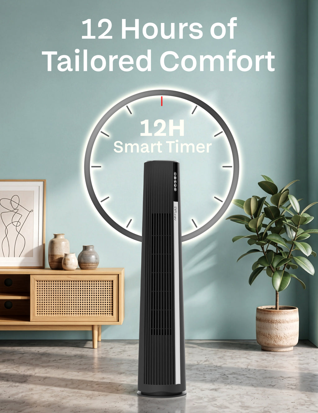 Knight AirFlex 36” Tower Fan with Remote Control Modern Slim Design Standing Fan 4 Wind Speed 12-Hour Timer Touch Control with LED Display 90º Oscillation High Power Floor Fan for Home&Office - Black