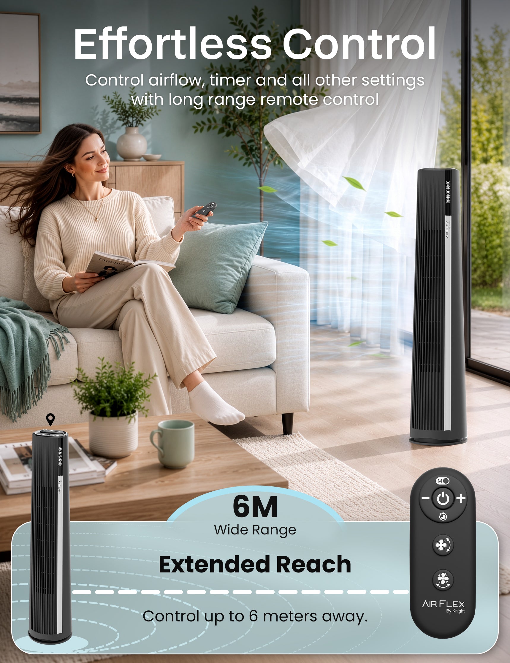 Knight AirFlex 36” Tower Fan with Remote Control Modern Slim Design Standing Fan 4 Wind Speed 12-Hour Timer Touch Control with LED Display 90º Oscillation High Power Floor Fan for Home&Office - Black
