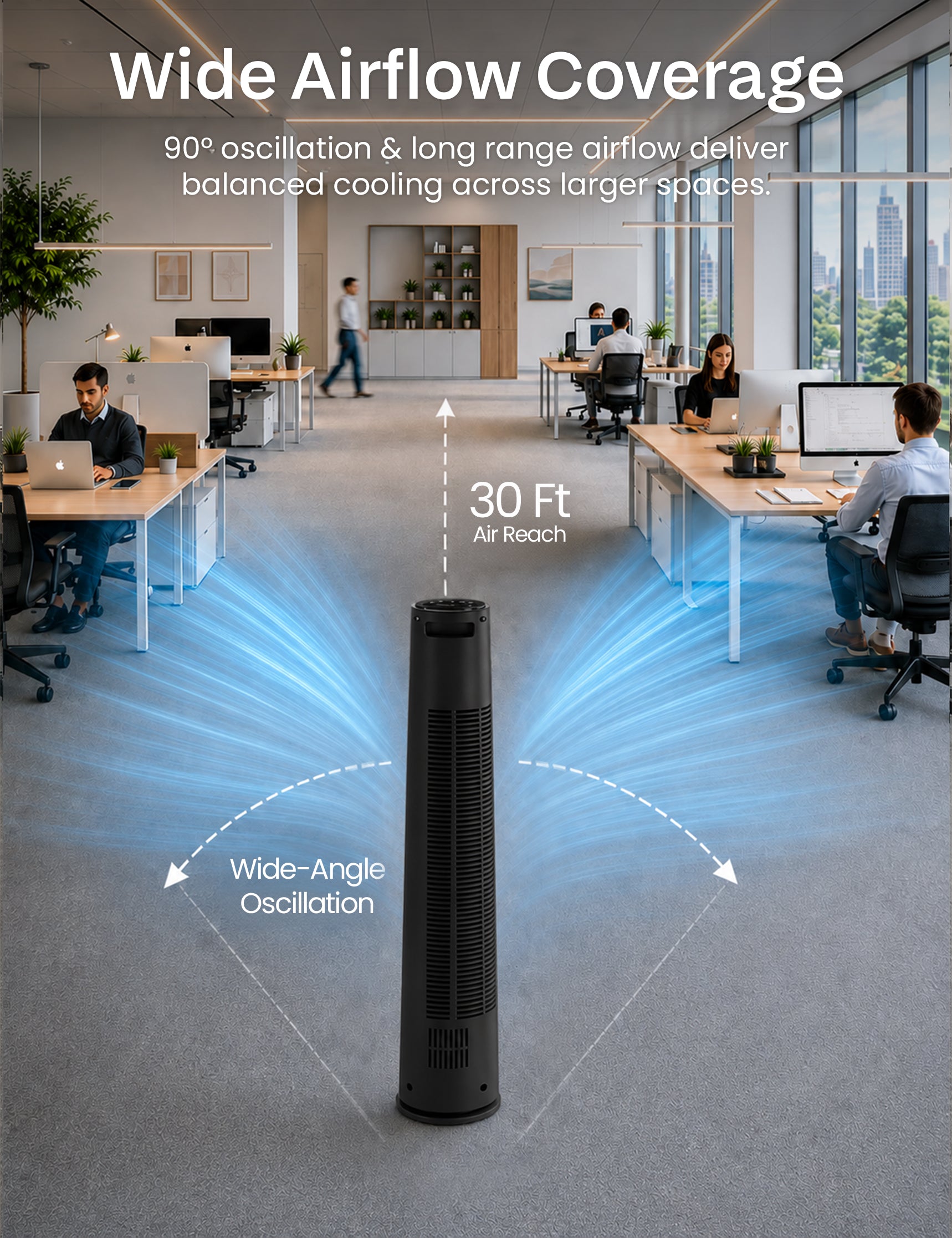 Knight AirFlex 36” Tower Fan with Remote Control Modern Slim Design Standing Fan 4 Wind Speed 12-Hour Timer Touch Control with LED Display 90º Oscillation High Power Floor Fan for Home&Office - Black