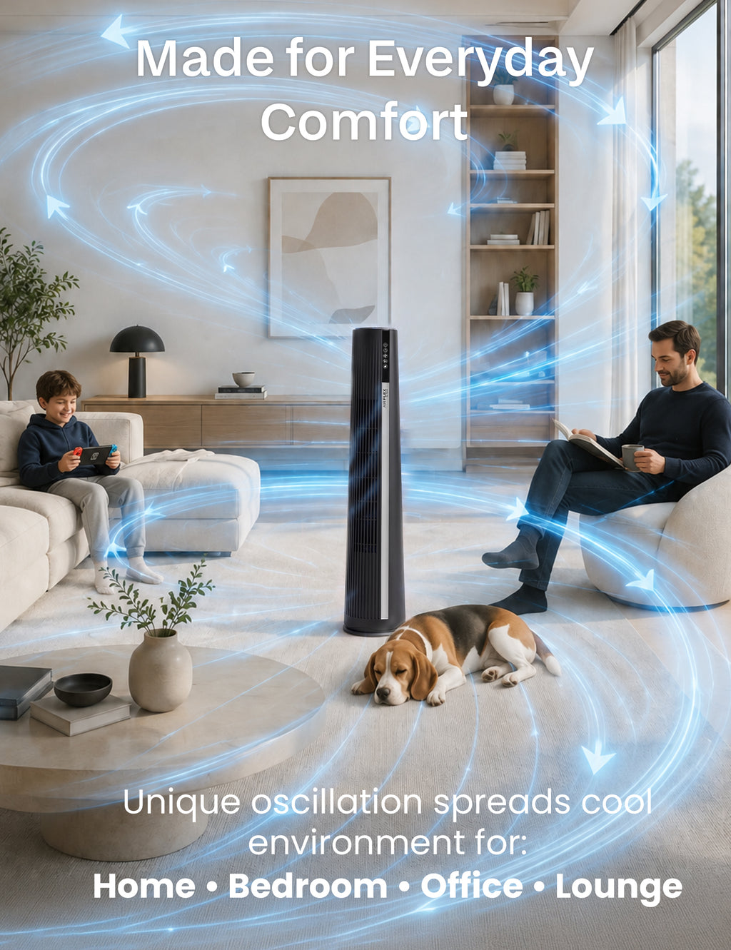 Knight AirFlex 36” Tower Fan with Remote Control Modern Slim Design Standing Fan 4 Wind Speed 12-Hour Timer Touch Control with LED Display 90º Oscillation High Power Floor Fan for Home&Office - Black