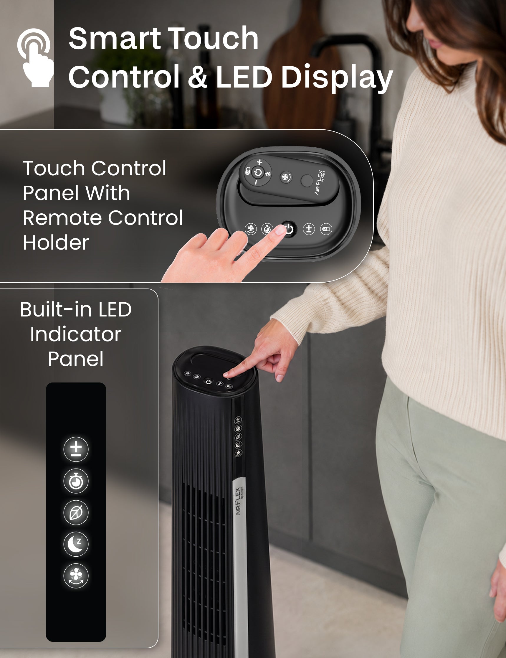 Knight AirFlex 36” Tower Fan with Remote Control Modern Slim Design Standing Fan 4 Wind Speed 12-Hour Timer Touch Control with LED Display 90º Oscillation High Power Floor Fan for Home&Office - Black