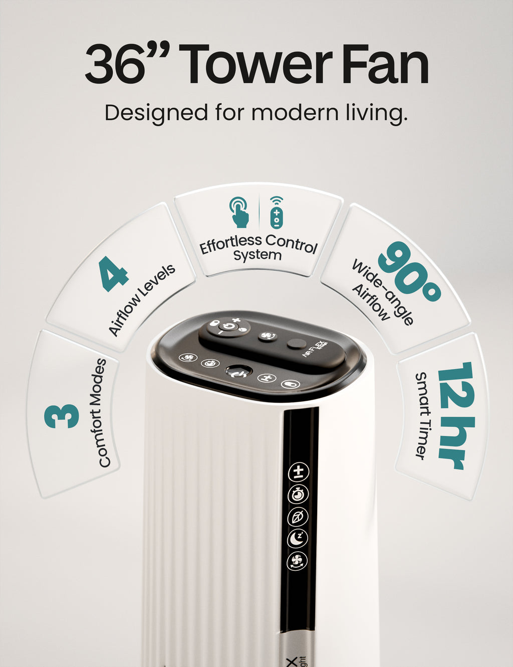 Knight AirFlex 36” Tower Fan with Remote Control Modern Slim Design Standing Fan 4 Wind Speed 12-Hour Timer Touch Control with LED Display 90º Oscillation High Power Floor Fan for Home&Office - White