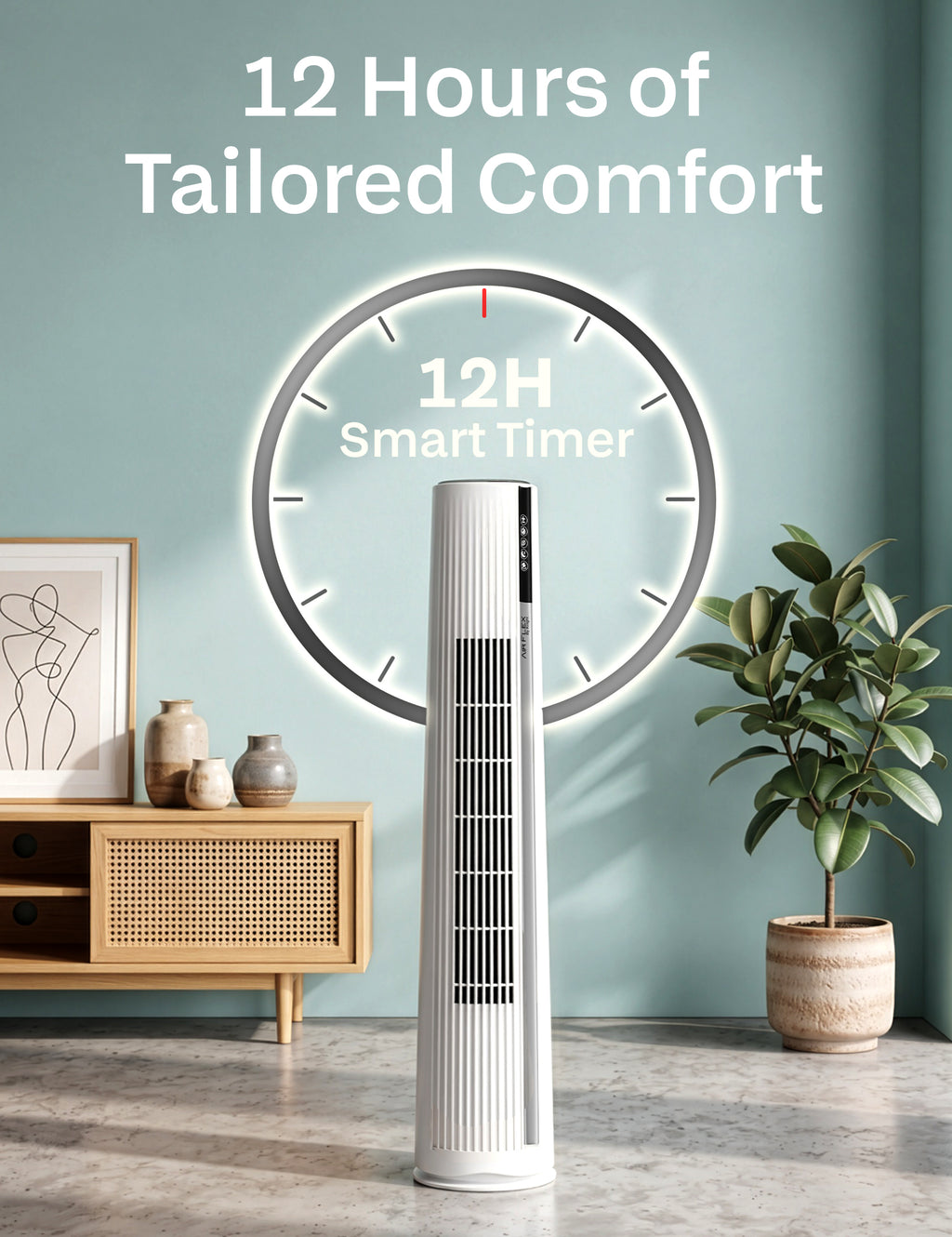 Knight AirFlex 36” Tower Fan with Remote Control Modern Slim Design Standing Fan 4 Wind Speed 12-Hour Timer Touch Control with LED Display 90º Oscillation High Power Floor Fan for Home&Office - White