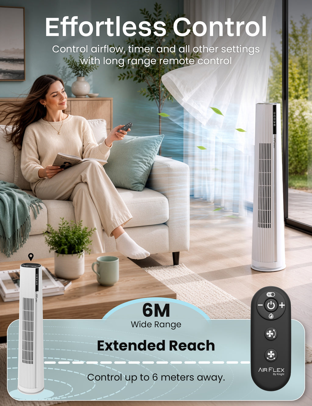 Knight AirFlex 36” Tower Fan with Remote Control Modern Slim Design Standing Fan 4 Wind Speed 12-Hour Timer Touch Control with LED Display 90º Oscillation High Power Floor Fan for Home&Office - White