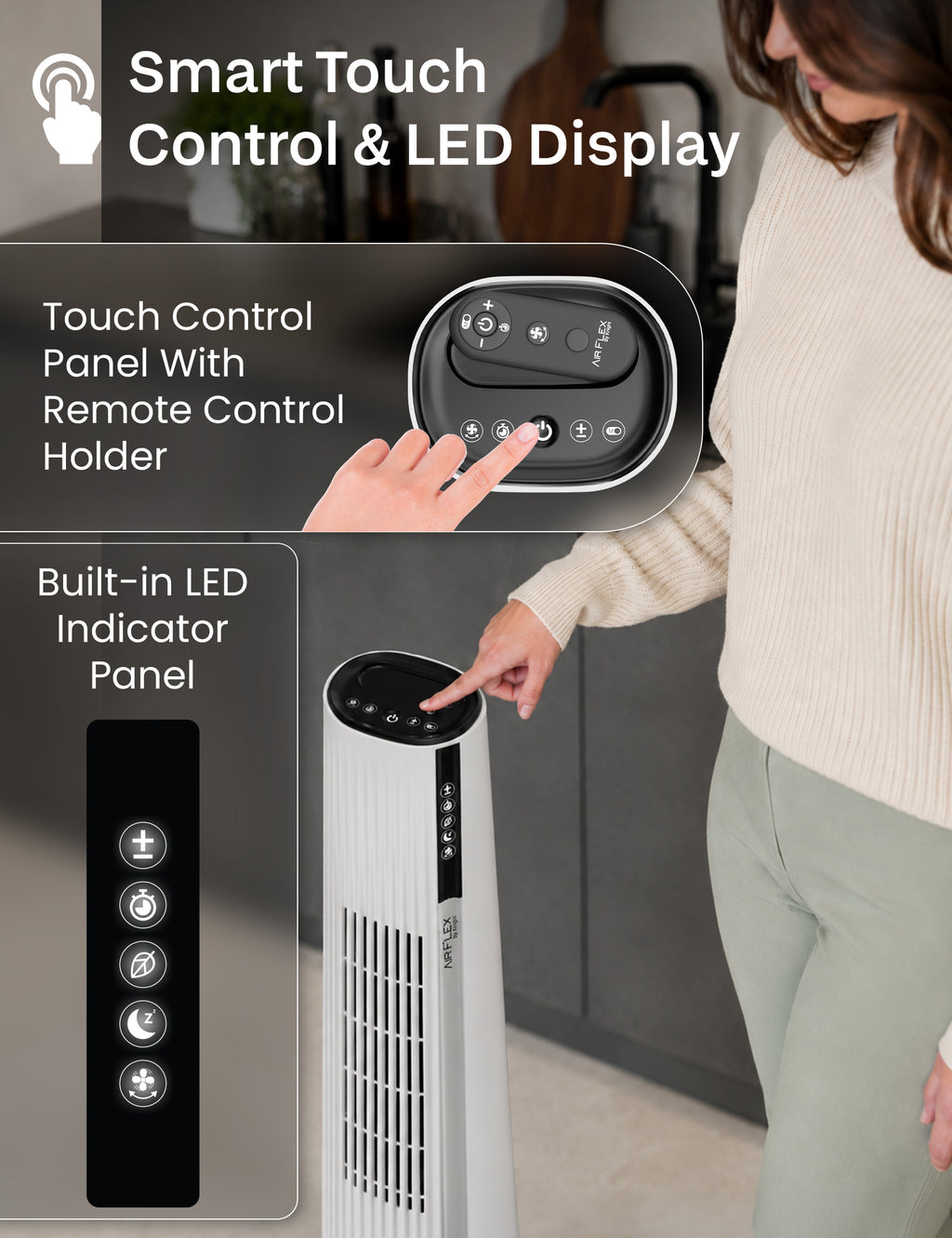 Knight AirFlex 36” Tower Fan with Remote Control Modern Slim Design Standing Fan 4 Wind Speed 12-Hour Timer Touch Control with LED Display 90º Oscillation High Power Floor Fan for Home&Office - White