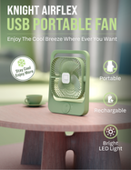 Knight AirFlex USB Rechargeable Portable Fan 3000mAh Battery - Use up to 6-Hours 3 Wind Speed With Led Night Lamp Adjustable Head, Lightweight Travel Desk Fan With Carry Handle Indoor & Outdoor Use