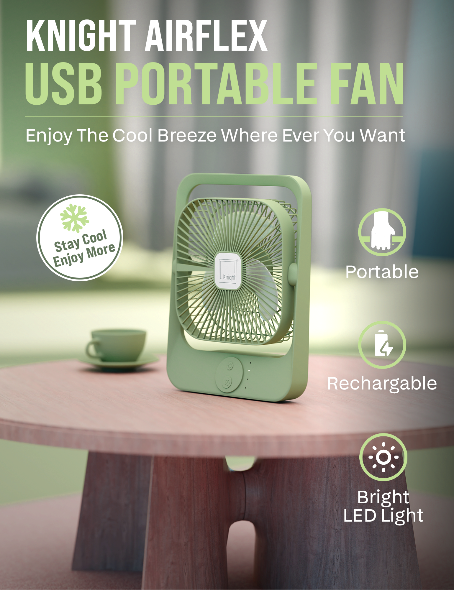 Knight AirFlex USB Rechargeable Portable Fan 3000mAh Battery - Use up to 6-Hours 3 Wind Speed With Led Night Lamp Adjustable Head, Lightweight Travel Desk Fan With Carry Handle Indoor & Outdoor Use