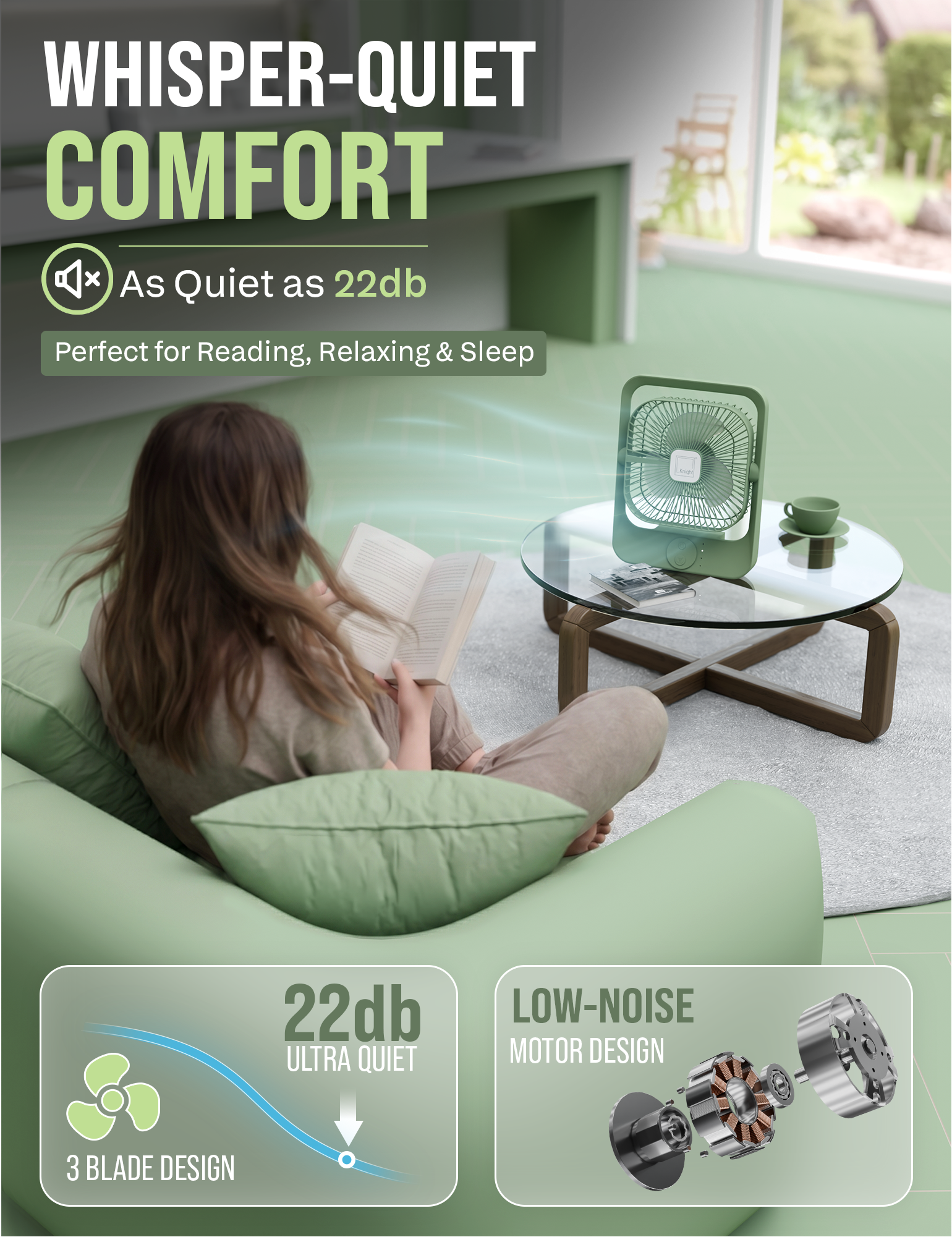 Knight AirFlex USB Rechargeable Portable Fan 3000mAh Battery - Use up to 6-Hours 3 Wind Speed With Led Night Lamp Adjustable Head, Lightweight Travel Desk Fan With Carry Handle Indoor & Outdoor Use