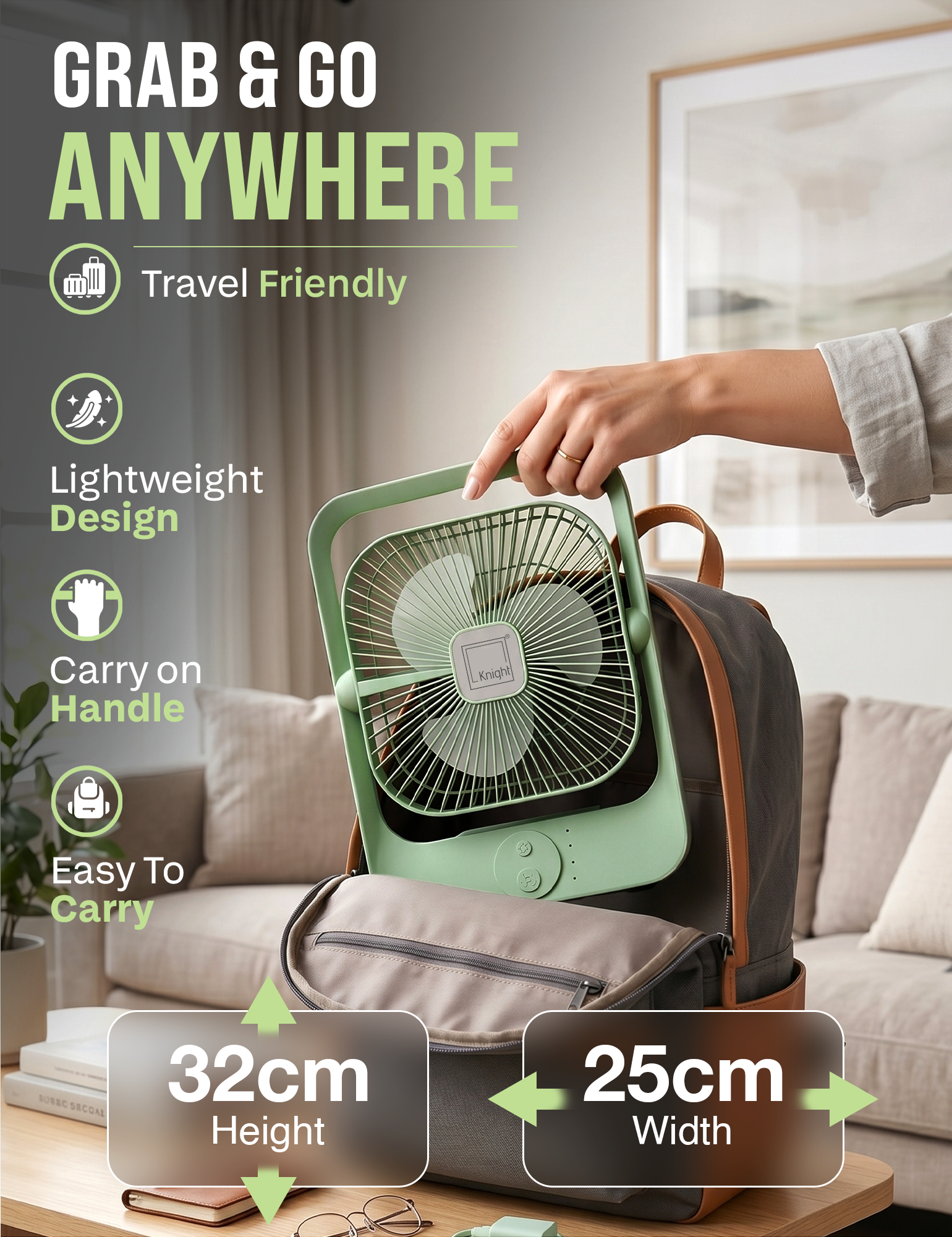 Knight AirFlex USB Rechargeable Portable Fan 3000mAh Battery - Use up to 6-Hours 3 Wind Speed With Led Night Lamp Adjustable Head, Lightweight Travel Desk Fan With Carry Handle Indoor & Outdoor Use