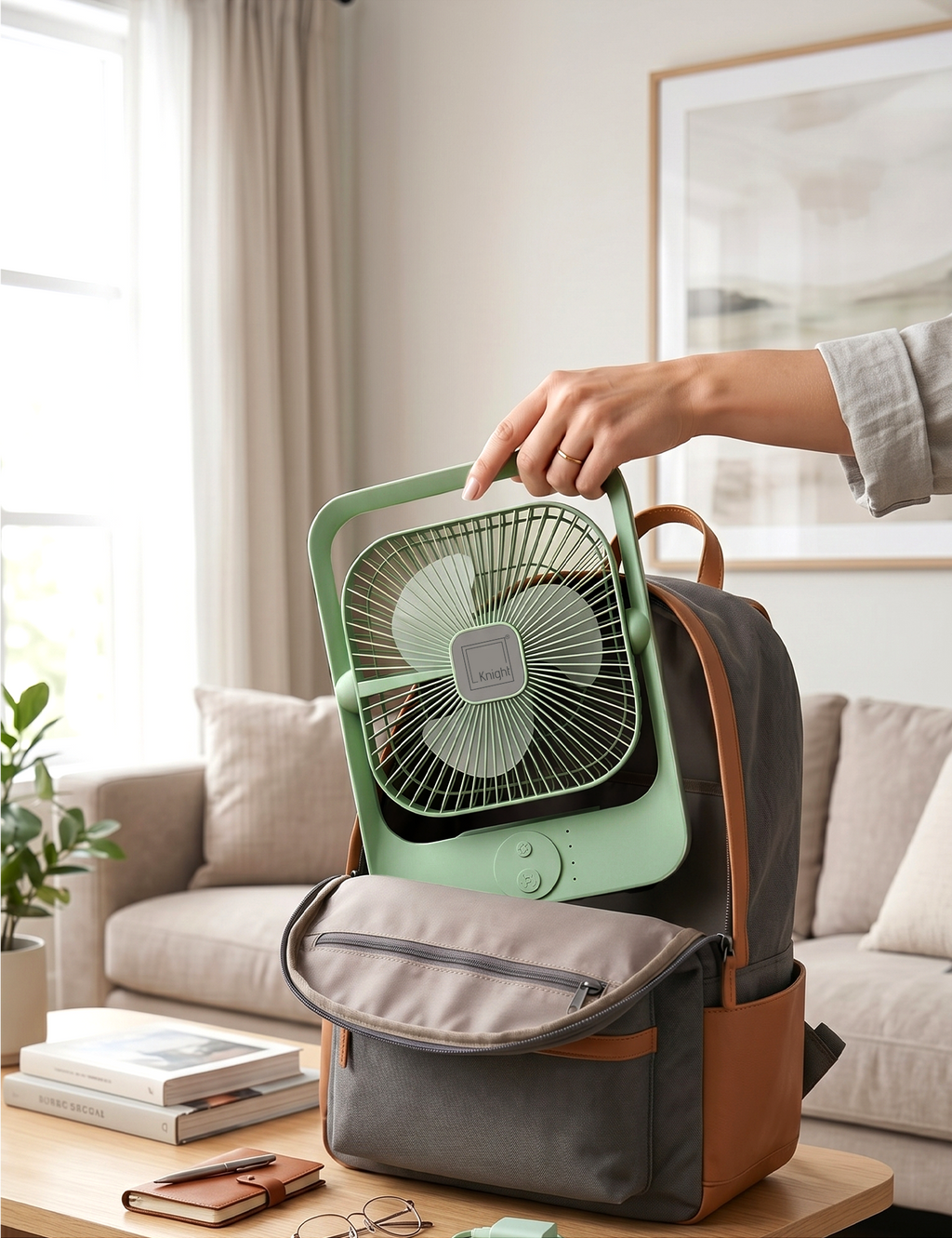 Portable Fan + Light – USB Rechargeable 2‑in‑1 Mini Cooling Fan (Green) | KNIGHT