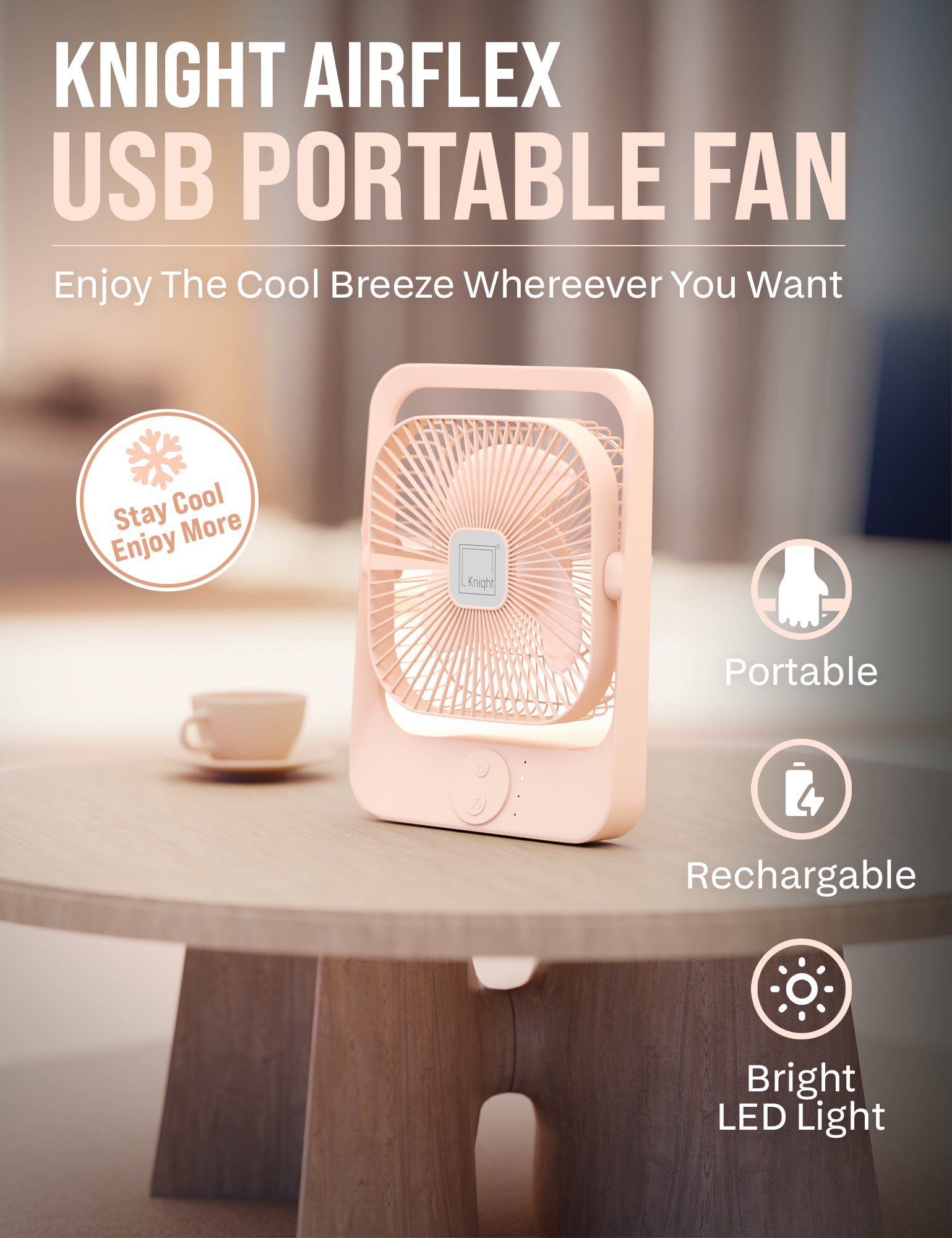 Knight AirFlex USB Rechargeable Portable Fan 3000mAh Battery - Use up to 6-Hours 3 Wind Speed With Led Night Lamp Adjustable Head, Lightweight Travel Desk Fan With Carry Handle Indoor & Outdoor Use