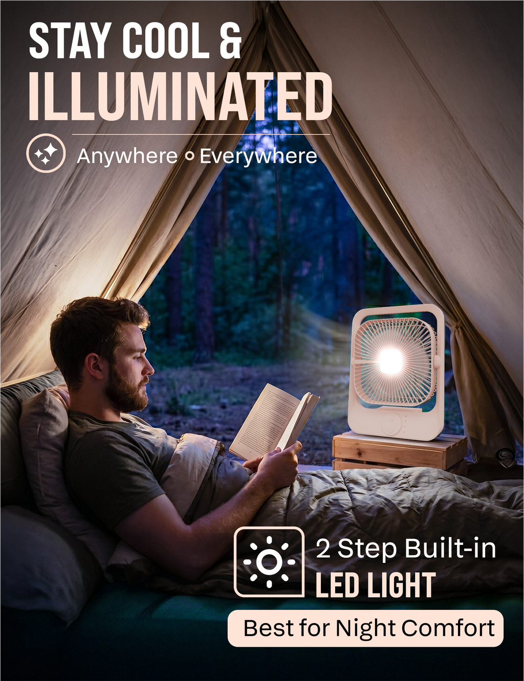 Knight AirFlex USB Rechargeable Portable Fan 3000mAh Battery - Use up to 6-Hours 3 Wind Speed With Led Night Lamp Adjustable Head, Lightweight Travel Desk Fan With Carry Handle Indoor & Outdoor Use