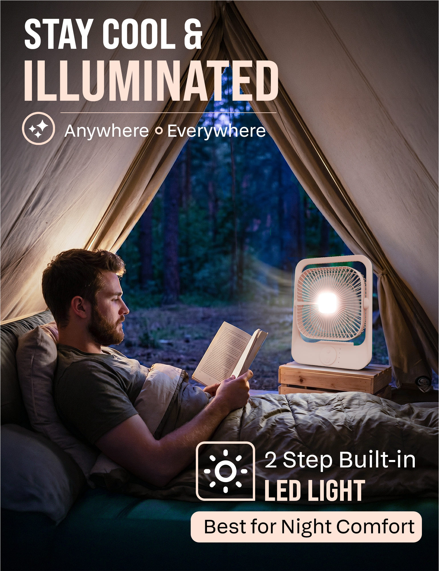 Knight AirFlex USB Rechargeable Portable Fan 3000mAh Battery - Use up to 6-Hours 3 Wind Speed With Led Night Lamp Adjustable Head, Lightweight Travel Desk Fan With Carry Handle Indoor & Outdoor Use