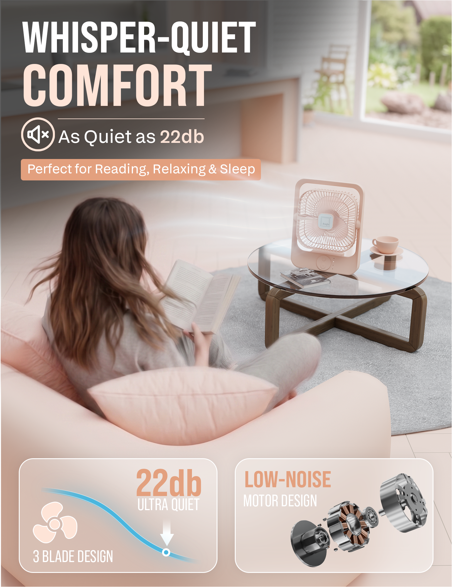 Knight AirFlex USB Rechargeable Portable Fan 3000mAh Battery - Use up to 6-Hours 3 Wind Speed With Led Night Lamp Adjustable Head, Lightweight Travel Desk Fan With Carry Handle Indoor & Outdoor Use