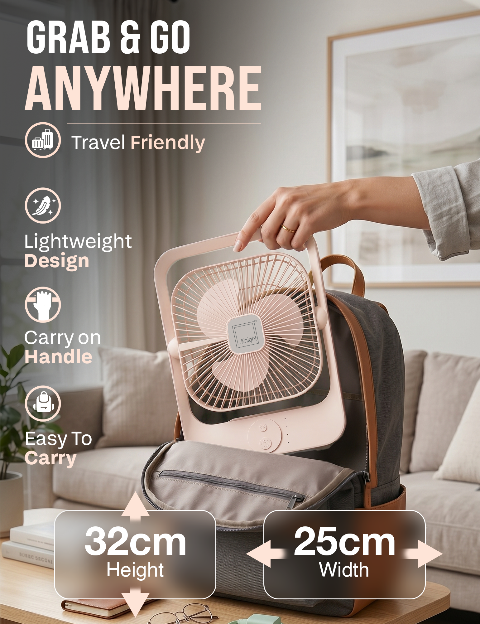 Knight AirFlex USB Rechargeable Portable Fan 3000mAh Battery - Use up to 6-Hours 3 Wind Speed With Led Night Lamp Adjustable Head, Lightweight Travel Desk Fan With Carry Handle Indoor & Outdoor Use