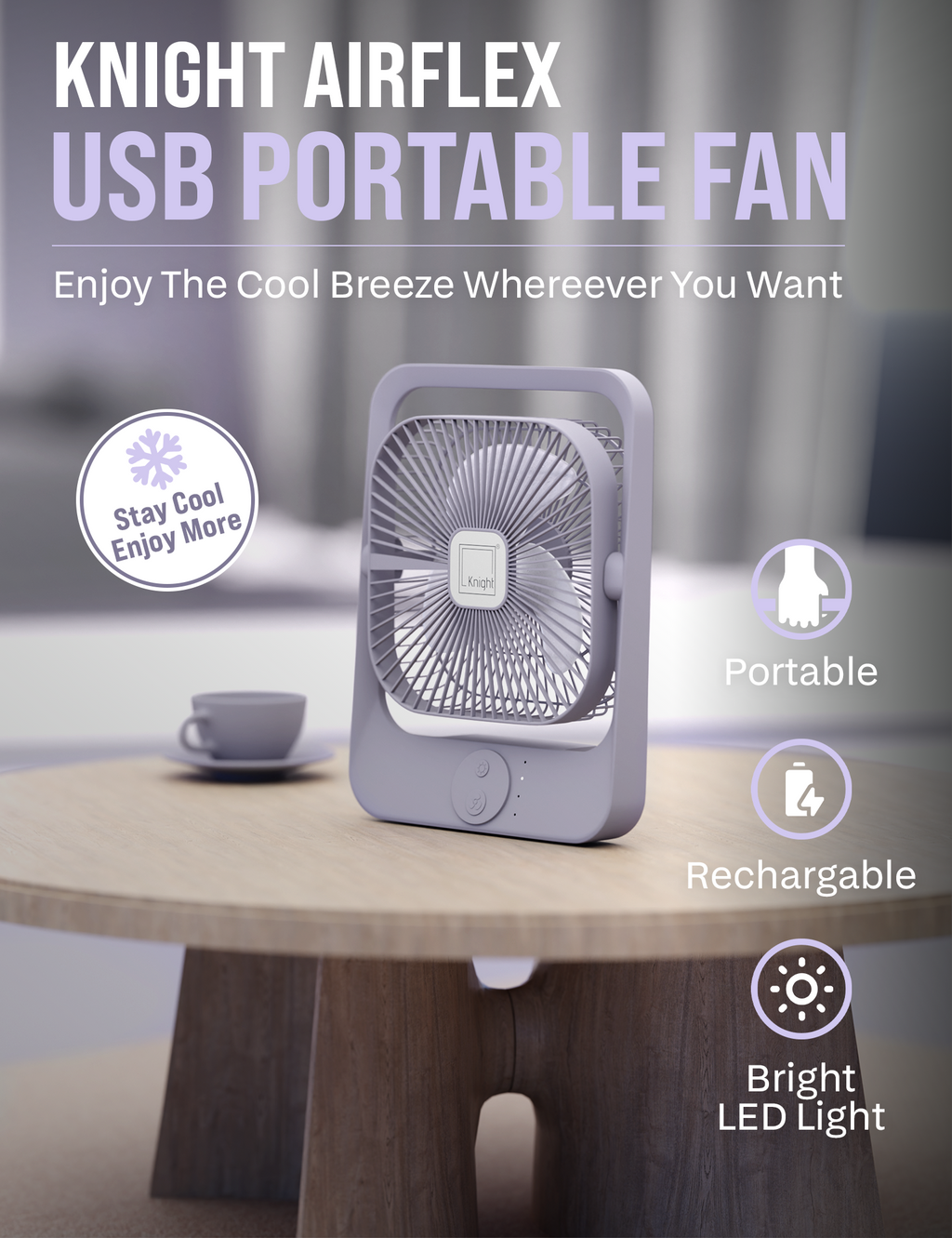 Knight AirFlex USB Rechargeable Portable Fan 3000mAh Battery - Use up to 6-Hours 3 Wind Speed With Led Night Lamp Adjustable Head, Lightweight Travel Desk Fan With Carry Handle Indoor & Outdoor Use