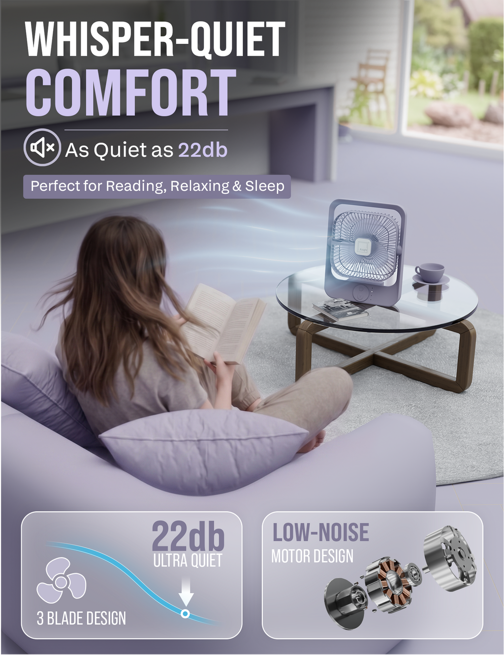 Knight AirFlex USB Rechargeable Portable Fan 3000mAh Battery - Use up to 6-Hours 3 Wind Speed With Led Night Lamp Adjustable Head, Lightweight Travel Desk Fan With Carry Handle Indoor & Outdoor Use