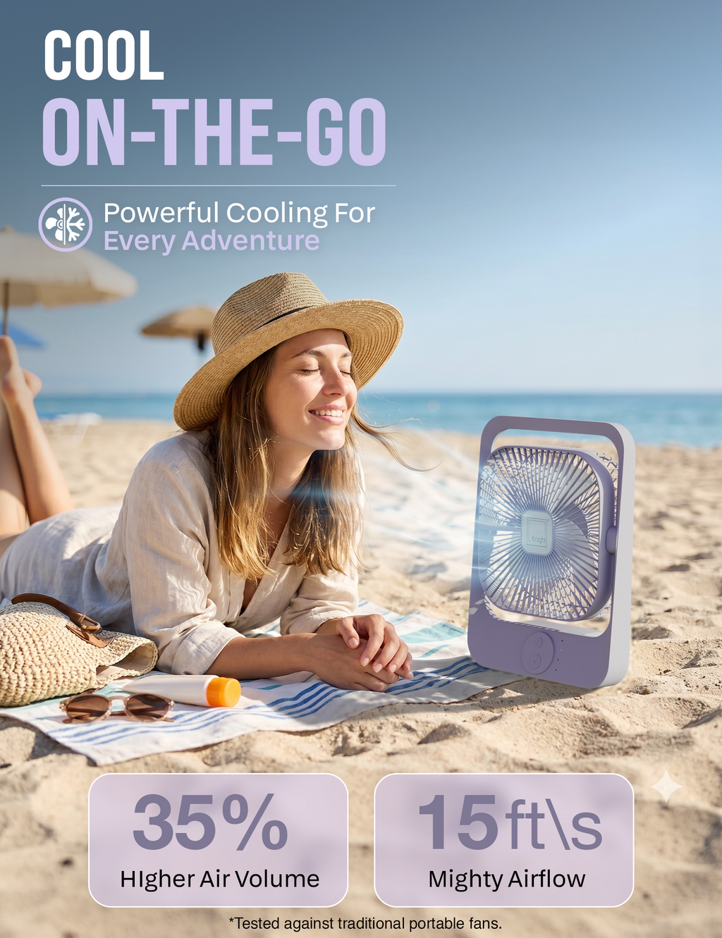 Knight AirFlex USB Rechargeable Portable Fan 3000mAh Battery - Use up to 6-Hours 3 Wind Speed With Led Night Lamp Adjustable Head, Lightweight Travel Desk Fan With Carry Handle Indoor & Outdoor Use