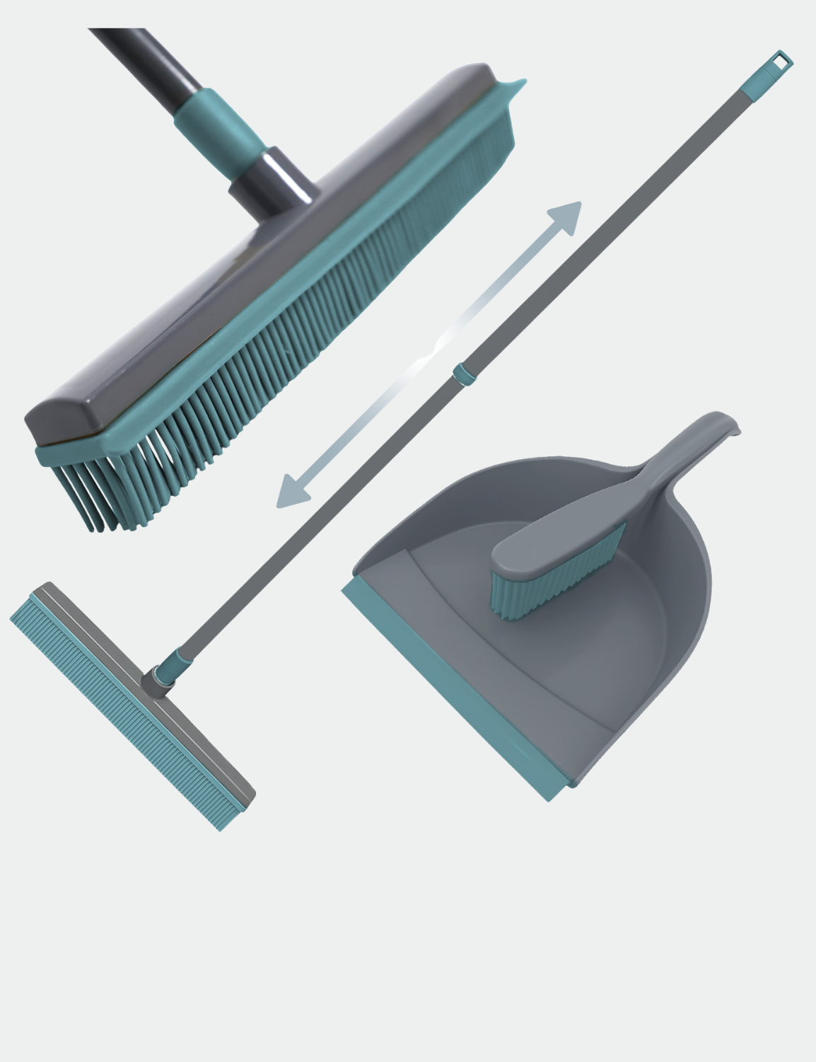 Knight Rubber Broom & Dustpan Rubber Brush Set, Telescopic Extendable Long Handle, Silicone Carpet Cleaning Broom & Brush, Broom With Squeegee For Pet Hair Removal & Floor Cleaning - Grey/Teal