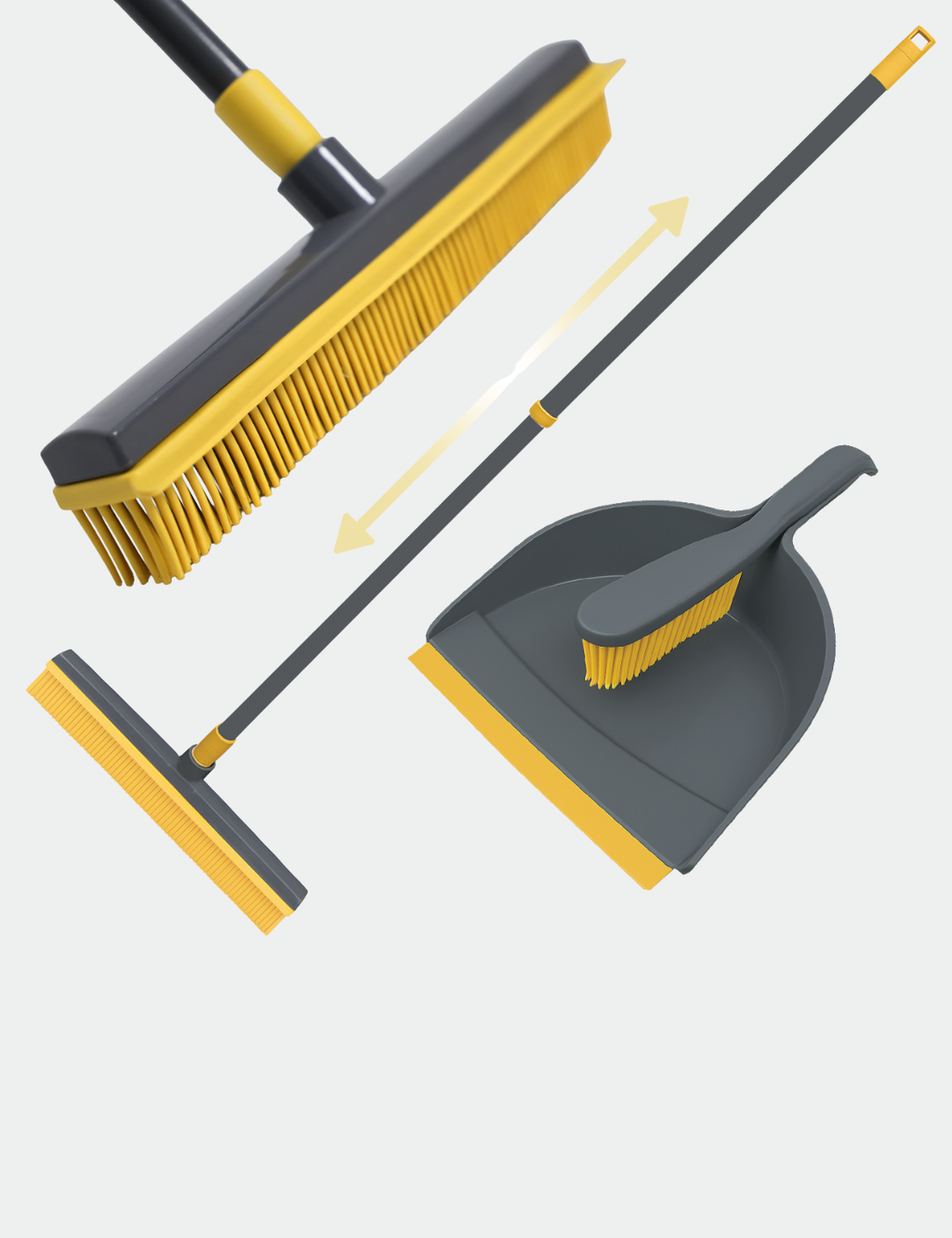 Knight Rubber Broom & Dustpan Rubber Brush Set, Telescopic Extendable Long Handle, Silicone Carpet Cleaning Broom & Brush, Broom With Squeegee For Pet Hair Removal & Floor Cleaning - Grey/Yellow.