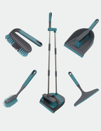 Knight All-in-one 5-Piece Household Cleaning Brush Set, Long Handle Dust Pan, Dustpan Brush, Window Squeegee, Dish Brush & Scrub Brush, Cleaning Solution For Floor, Bathroom, Home & Kitchen- Grey/Teal