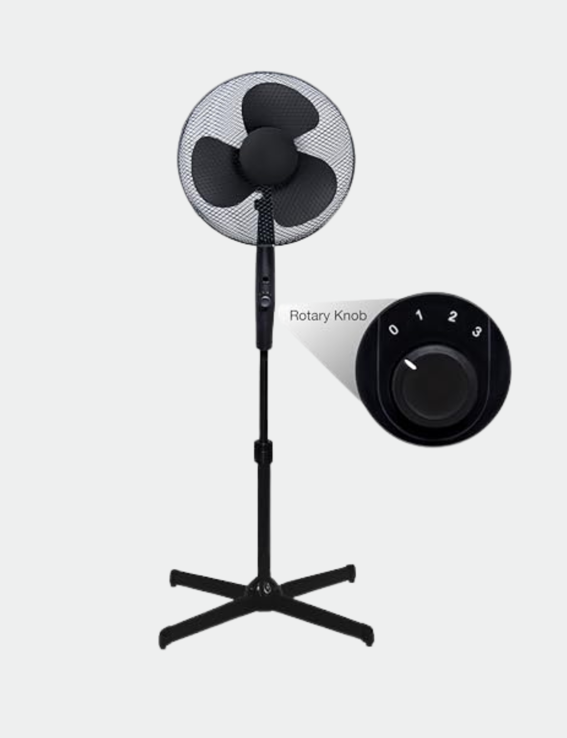 Knight 16" Pedestal Stand Fan With 3 Speed Rotary Knob, Extra Wide Cross Base, Oscillation & Tilting Head, 1.4m Height Adjustment, Quiet Operation Fan For Home, Bedroom & Kitchen - Matt Black