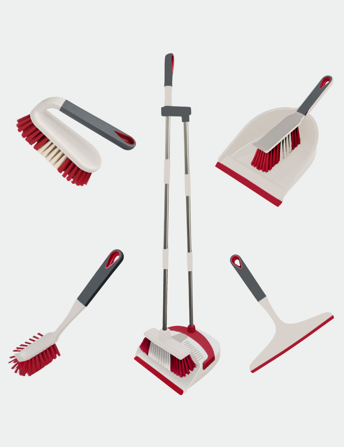 Knight All-in-one 5-Piece Household Cleaning Brush Set, Long Handle Dust Pan, Dustpan Brush, Window Squeegee, Dish Brush & Scrub Brush, Cleaning Solution For Floor, Bathroom, Home & Kitchen- Ivory/Red