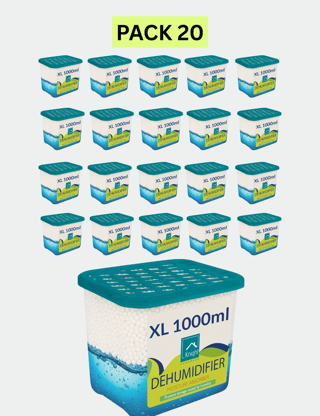 KNIGHT 1000ml 20 Pack Dehumidifier - 1L Moisture Absorber, Long Lasting 90 Days Dehumidifier, Prevents Mould and Condensation caused by Humidity in Home, Kitchen, Caravan & Garage - Patent Design