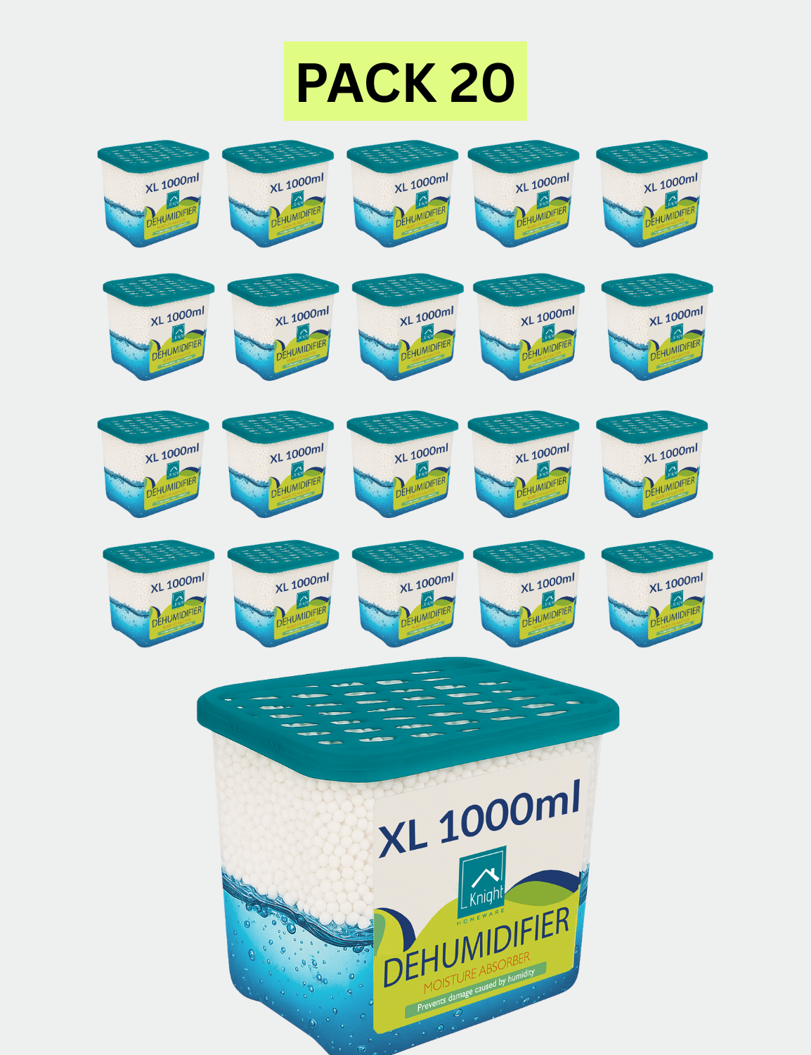 KNIGHT 1000ml 20 Pack Dehumidifier - 1L Moisture Absorber, Long Lasting 90 Days Dehumidifier, Prevents Mould and Condensation caused by Humidity in Home, Kitchen, Caravan & Garage - Patent Design