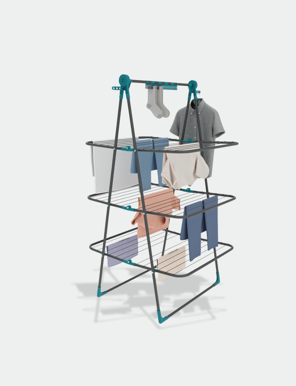Knight 3 Tier Clothes Airer, 30m Drying Space, Free Standing Foldaway Clothes Drying Rack, Laundry Drying, Non Slip Feet, Extra Hanging Bar with Socks Clip, Space Saving Patent Design (Grey & Teal)