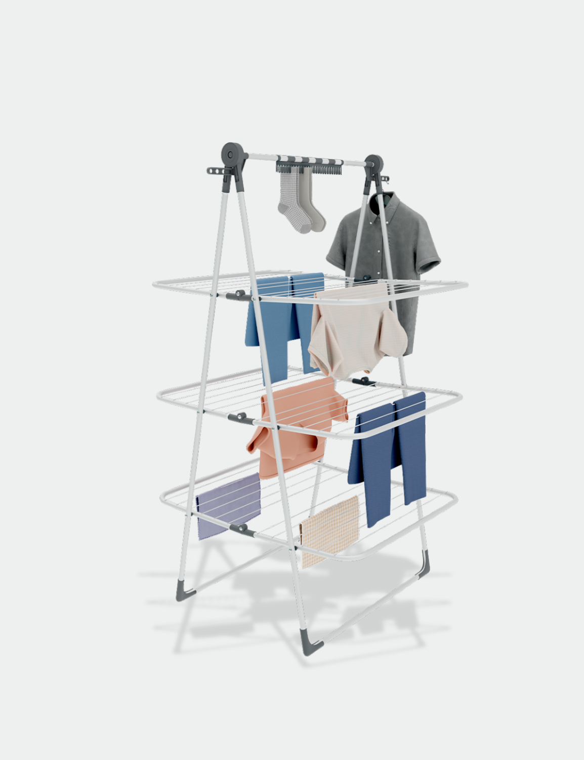 Knight 3 Tier Clothes Airer, 30m Drying Space, Free Standing Foldaway Clothes Drying Rack, Laundry Drying, Non Slip Feet, Extra Hanging Bar with Socks Clip, Space Saving Patent Design (White & Grey)