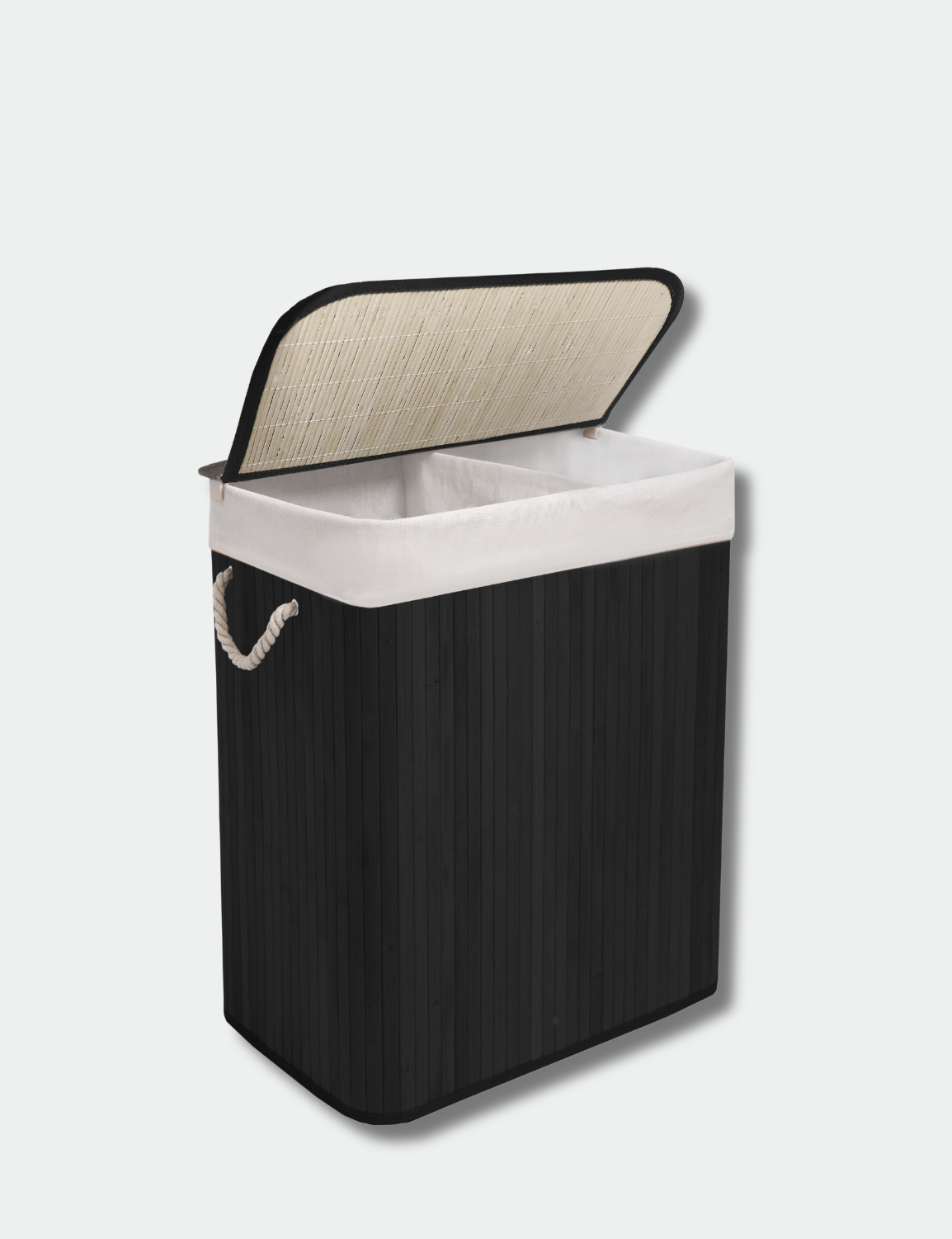 Knight Bamboo Laundry Hamper 105L - Dual Compartment Basket, Removable & Washable Liner, Foldable, Natural, for Bedroom & Bathroom, 52x32x63cm (Black)