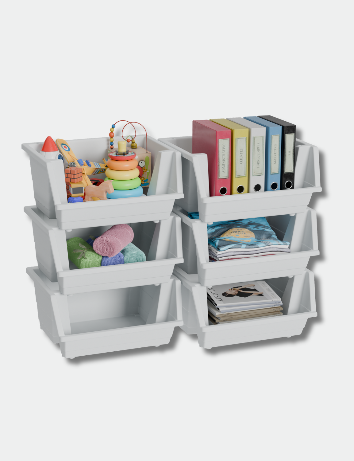Knight 40L Stackable Open Storage Boxes | Multi-Purpose Plastic Storage Containers for Home, Office & Garage | Storage Bins for Clothes,Toys, Tools & Household Storage | White - 6Pack