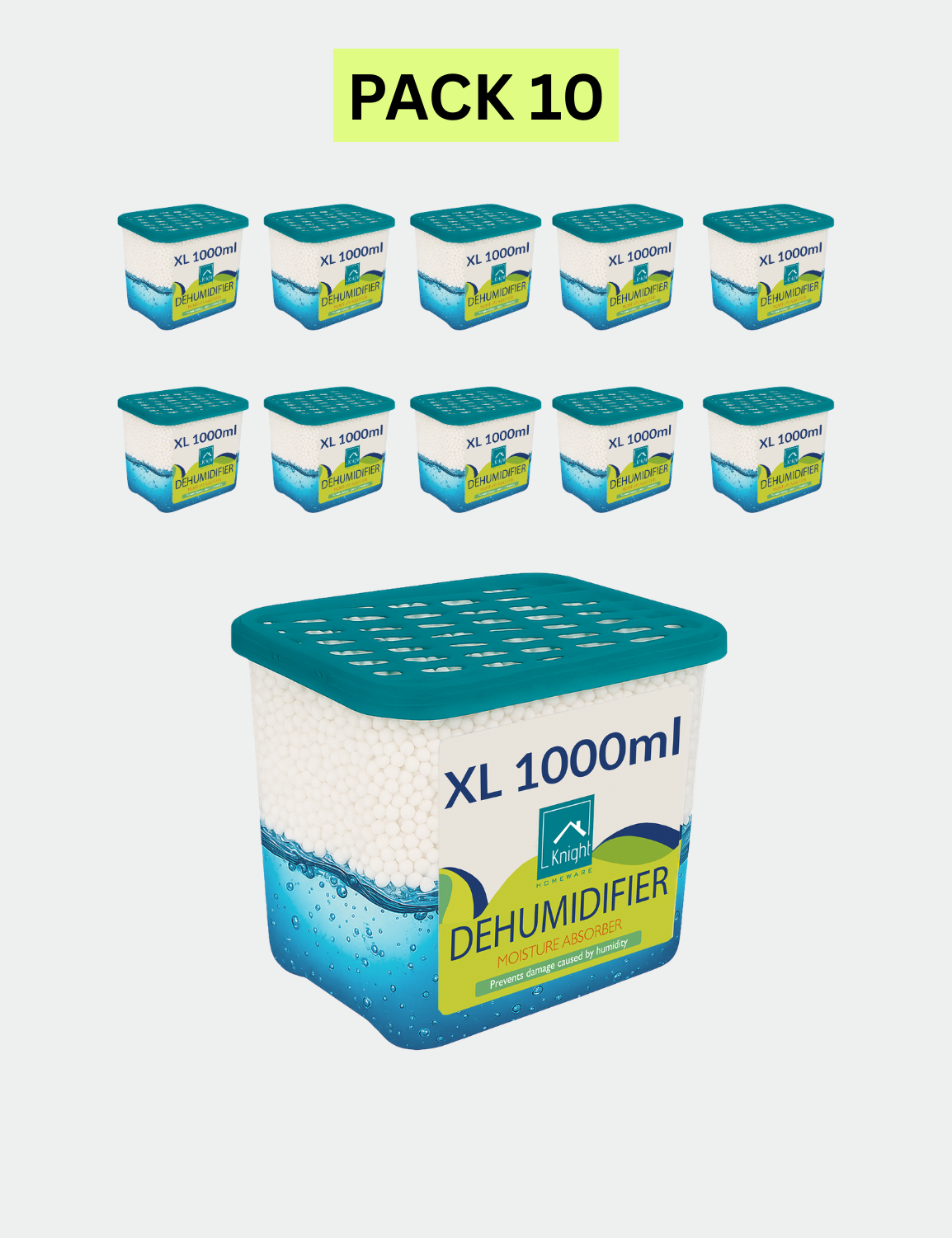 Knight 1000ml 10 Pack Dehumidifier -1L Moisture Absorber, Long Lasting 90 Days Dehumidifier, Prevents Mould and Condensation caused by Humidity in Home, Kitchen, Caravan & Garage - Patent Design