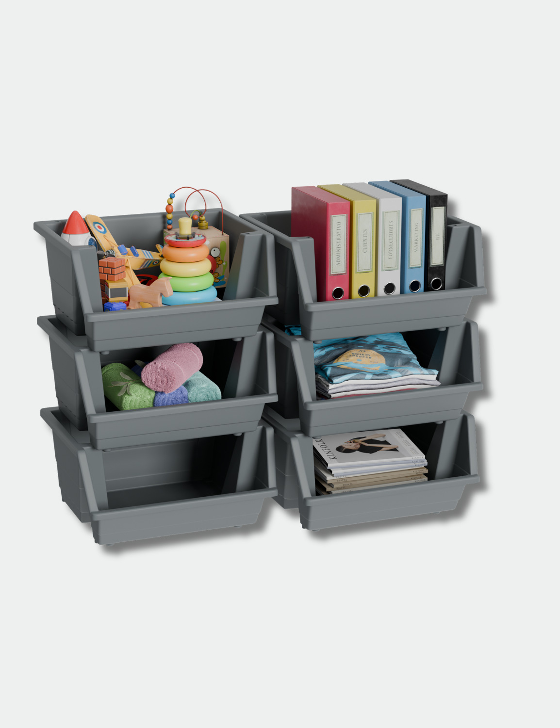 Knight 40L Stackable Open Storage Boxes | Multi-Purpose Plastic Storage Containers for Home, Office & Garage | Storage Bins for Clothes,Toys, Tools & Household Storage | Grey - 6Pack.