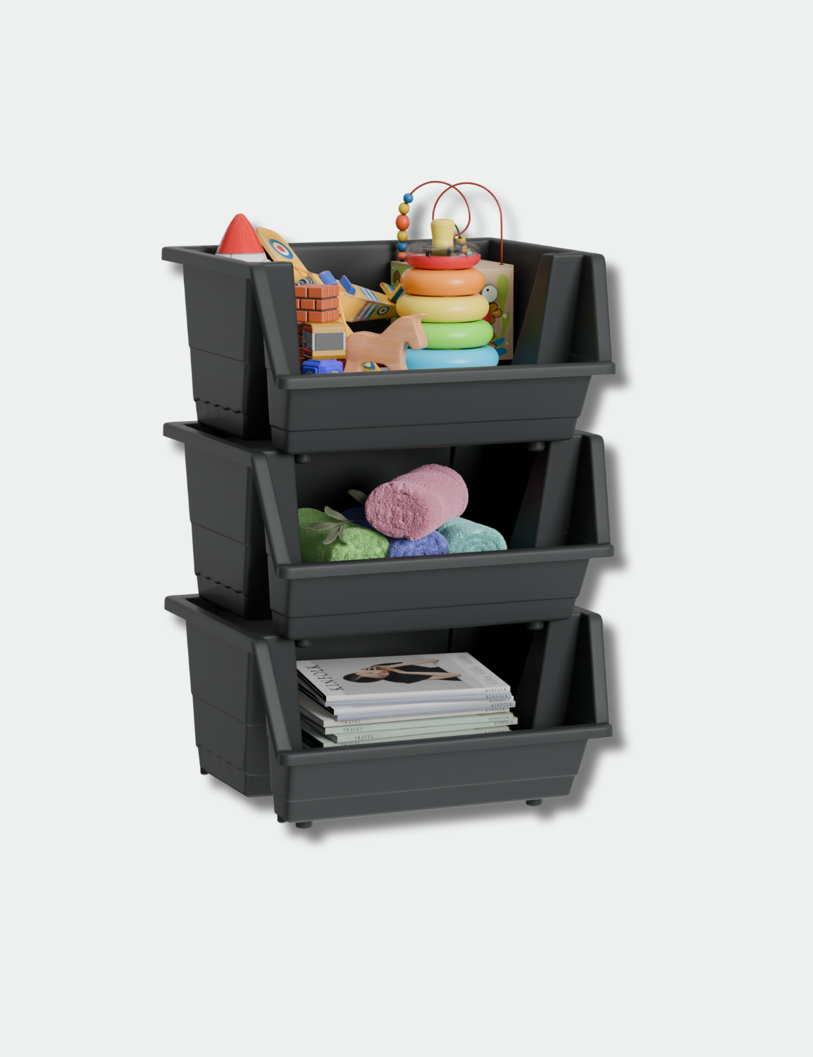 Knight 40L Stackable Plastic Storage Boxes | Multi-Purpose Stacking Storage Containers for Home, Office & Garage | Storage Bins for Clothes,Toys, Tools & Household Storage - White (Matt charcoal, Set of 3)