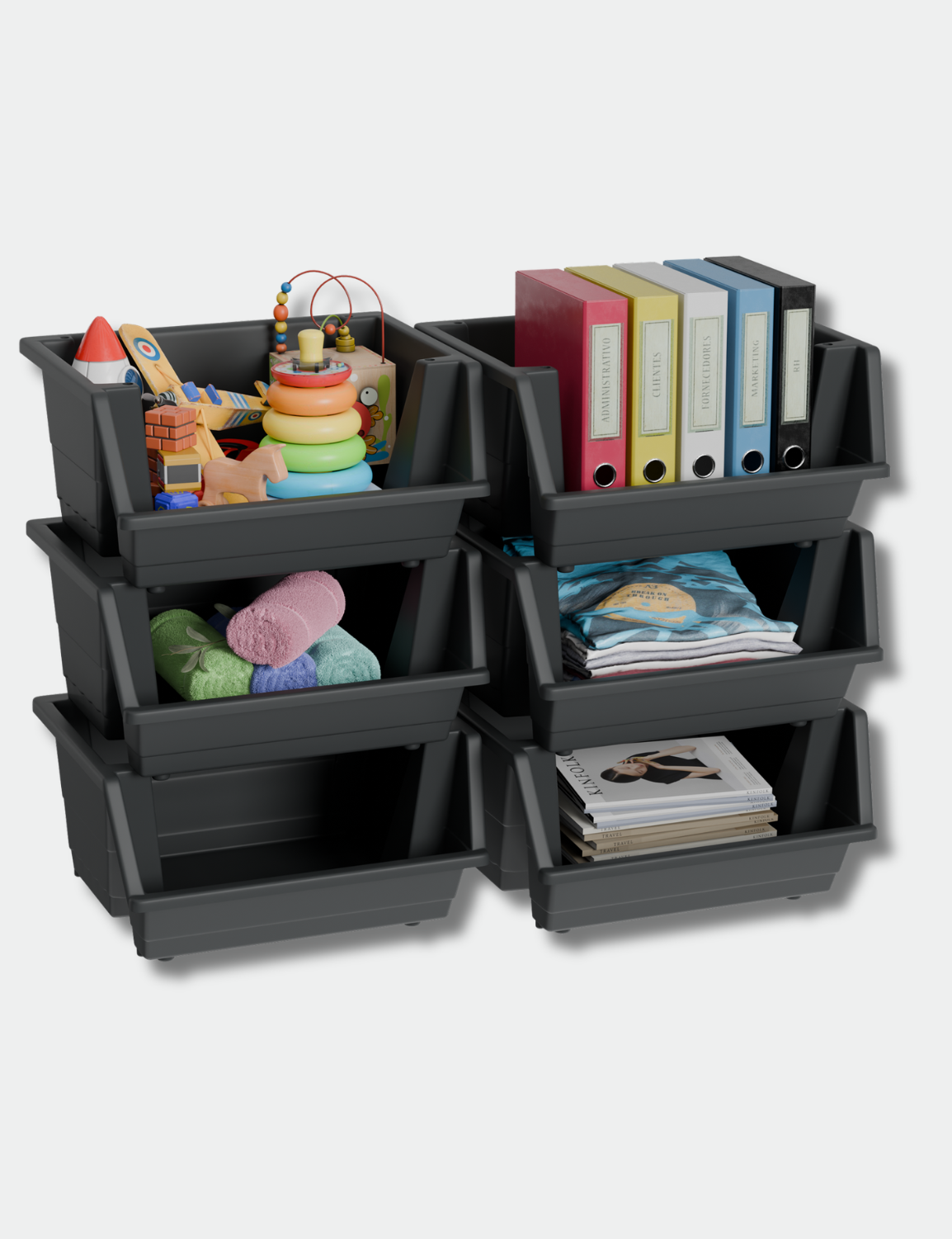 Knight 40L Stackable Plastic Storage Boxes | Multi-Purpose Stacking Storage Containers for Home, Office & Garage | Storage Bins for Clothes,Toys, Tools & Household Storage (Matt Charcoal, Set of 6)