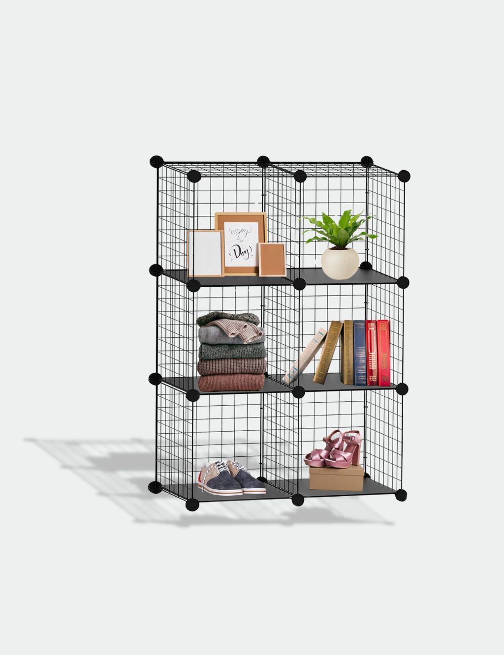 Knight 6 Cube Interlocking Storage Rack | Metal Wire Mesh Shelves | Metal Wire Fence| Combination Display Stand Unit | Large Capacity | Free Rubber Mallet | 62 x 31 x 93 cm | Black