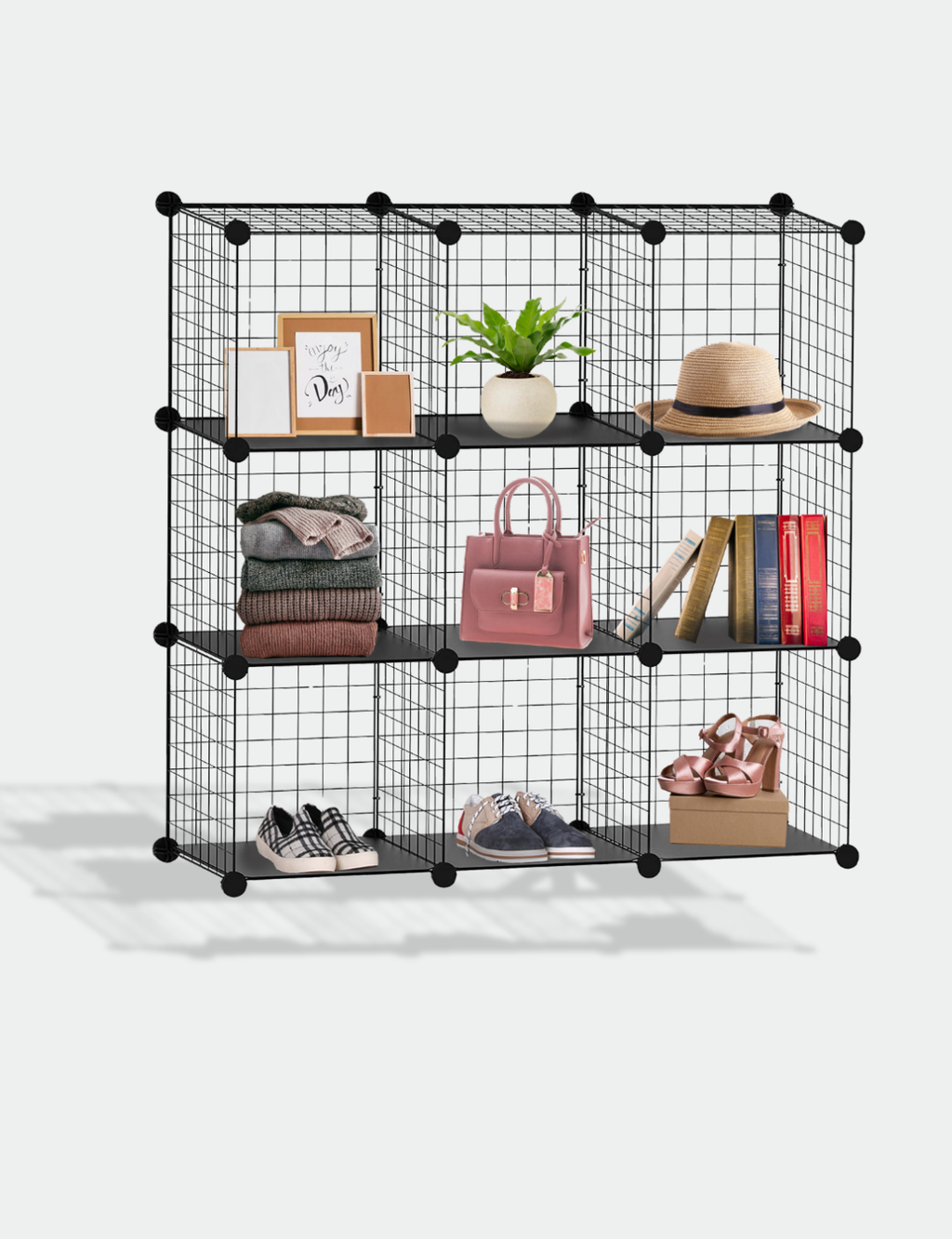 Knight 9 Cube Interlocking Storage Rack with Metal Wire Mesh Shelves | Cube Bookcase | Multifunctional Wire Fence Display Stand Unit Cabinet Large Capacity with Free Rubber Mallet