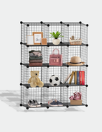 Knight 12 Cube Interlocking Storage Rack with Metal Wire Mesh Shelves Multifunctional Wire Fence Display Stand Unit Cabinet Large Capacity Free Rubber Mallet 123 x 93 x 31 cm Black